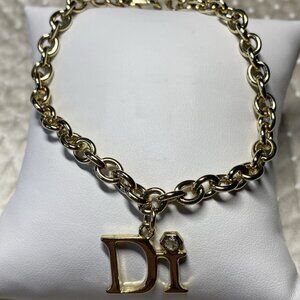 Vintage Christian Dior Gold Tone Charm Bracelet Di Logo Crystal 7.5”